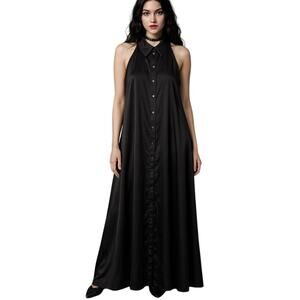 Zara Black Satin Halter Maxi Dress Collared Button Front Spring Dark Neutral M